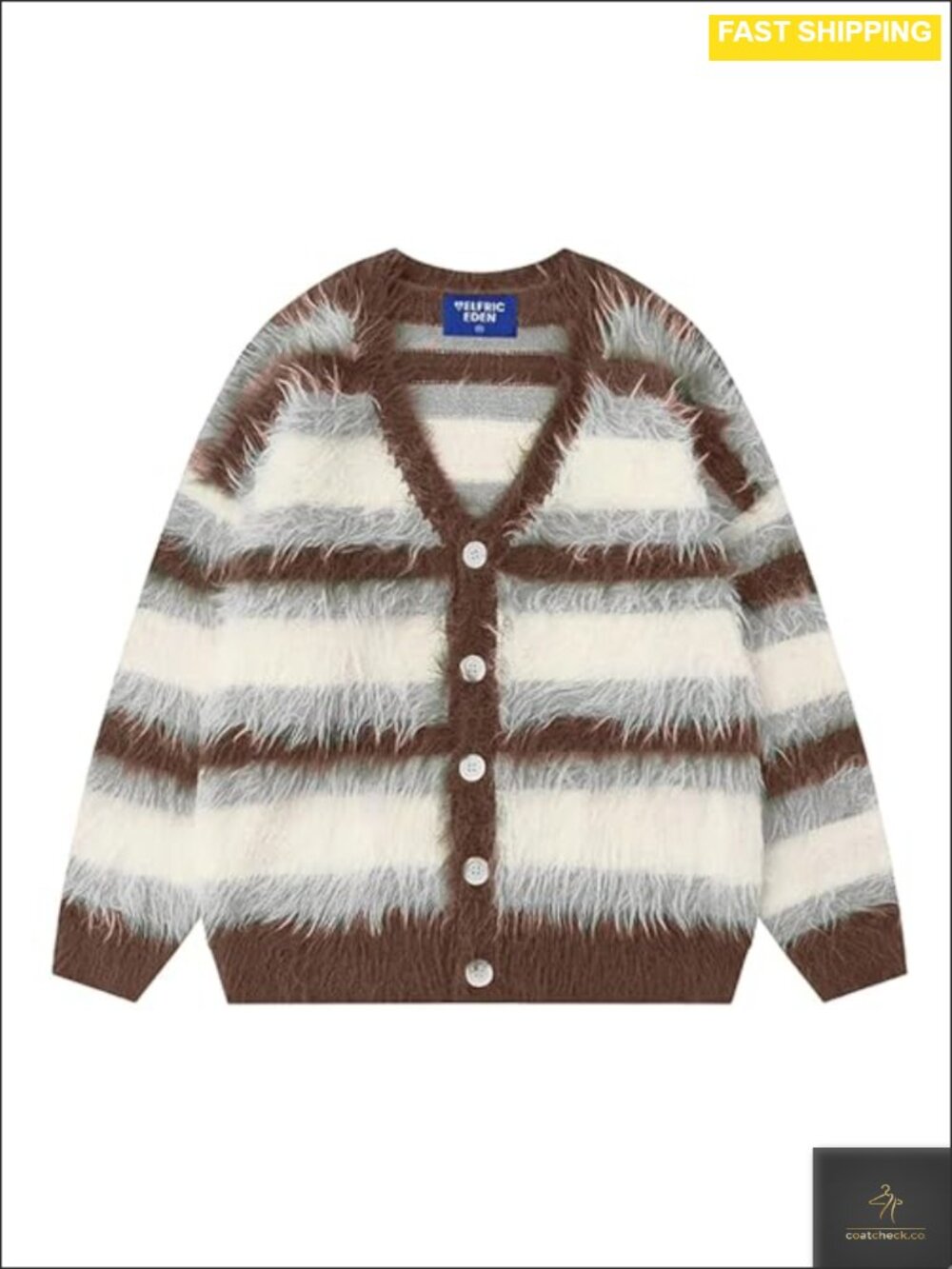 Fuzzy Knit Color Block Striped Button Down Oversized Cardigan Sweater